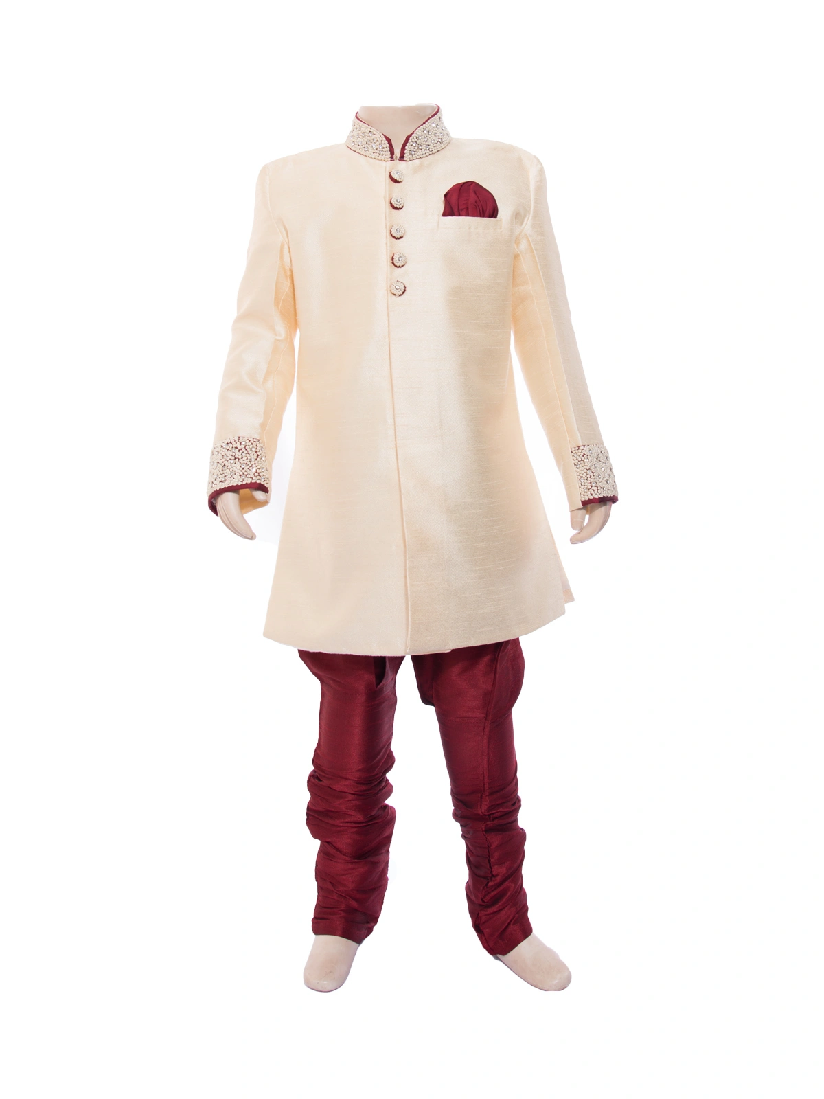 ETHNI KS NEU - RON  Kurta and Pyjama Set  : Cream and Maroon-3333FawnMaroon6