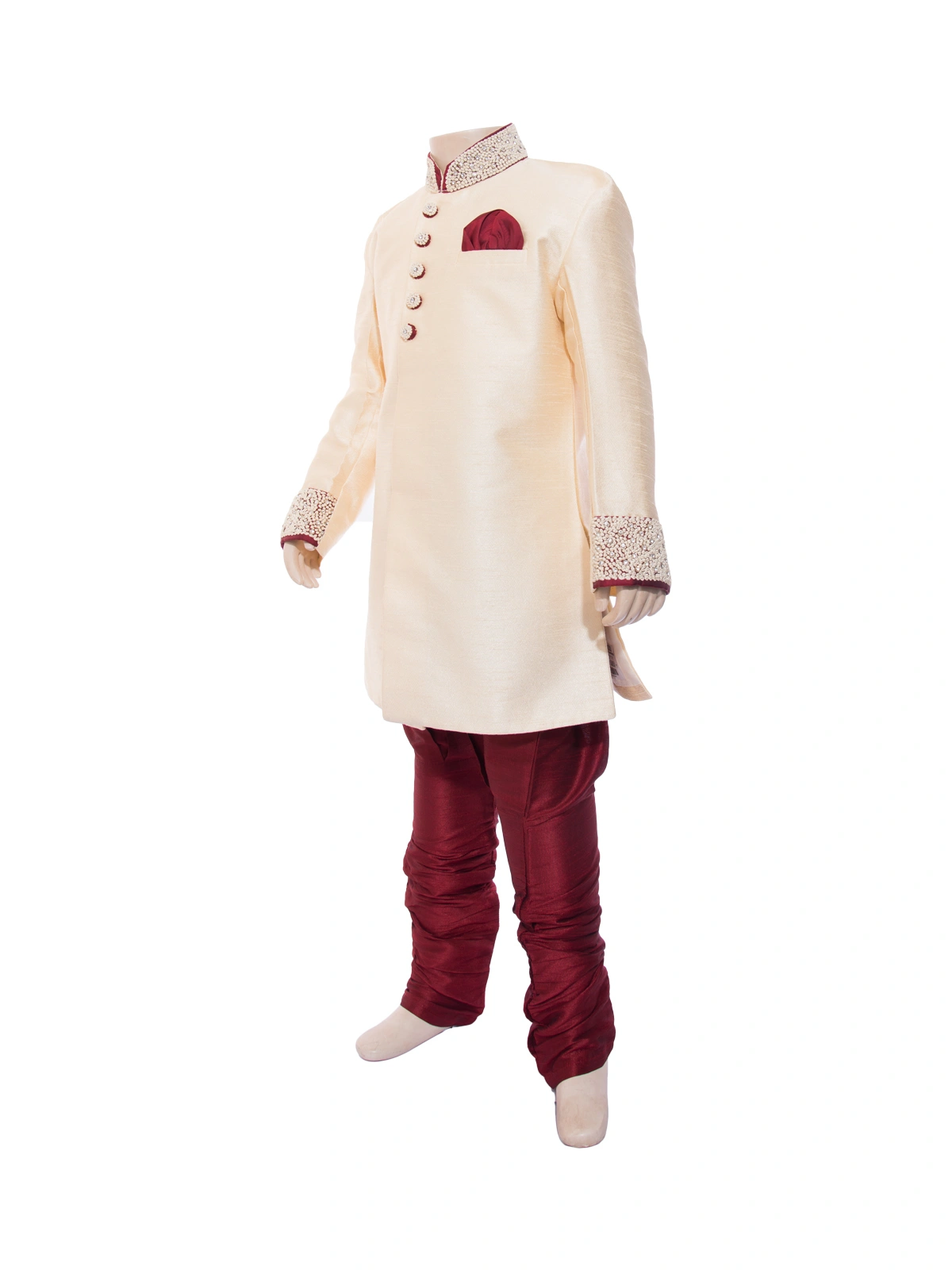 ETHNI KS NEU - RON  Kurta and Pyjama Set  : Cream and Maroon-6-Cream-2