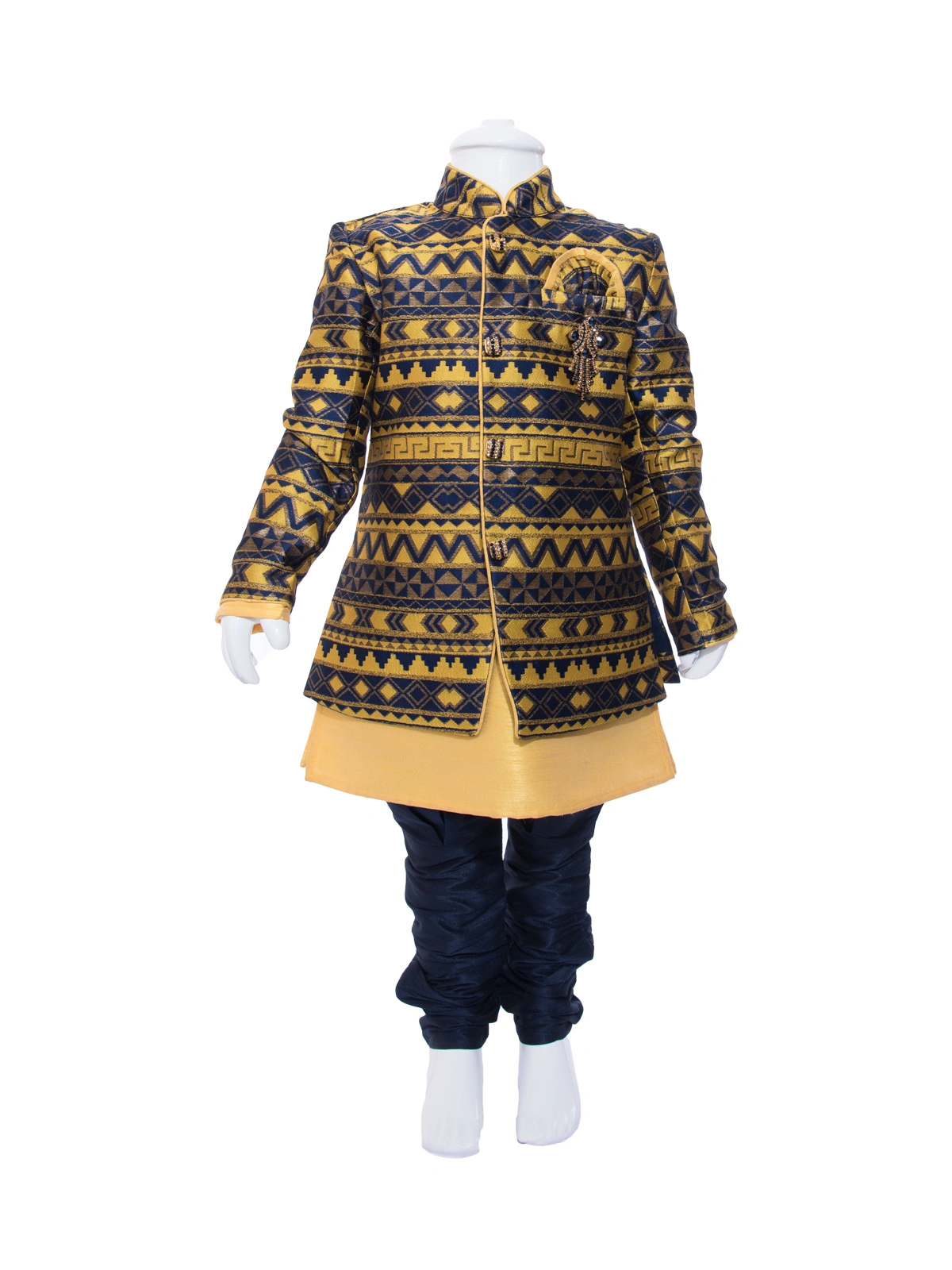 ETHNI KS NEU - RON  Kurta, Jacket and Pyjama Set: Navy Blue and Yellow-3613Gold1