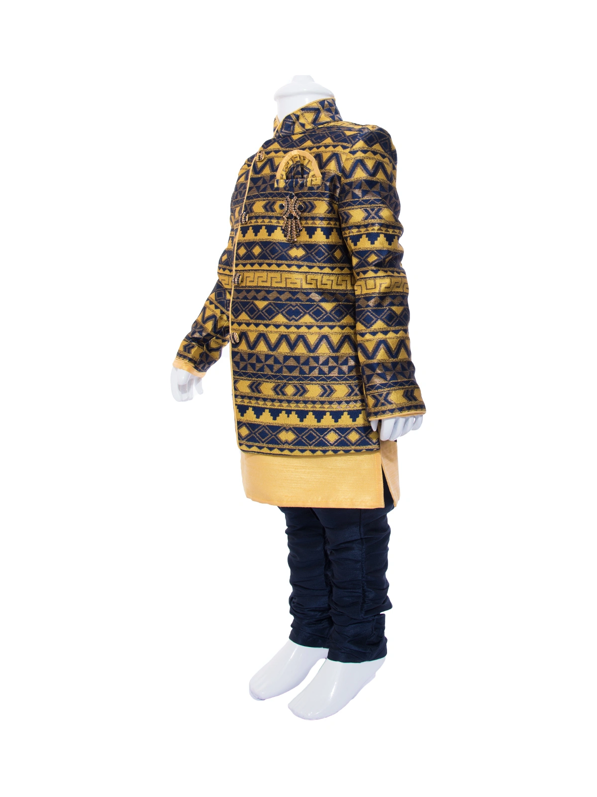 ETHNI KS NEU - RON  Kurta, Jacket and Pyjama Set: Navy Blue and Yellow-1-Navy Blue-2