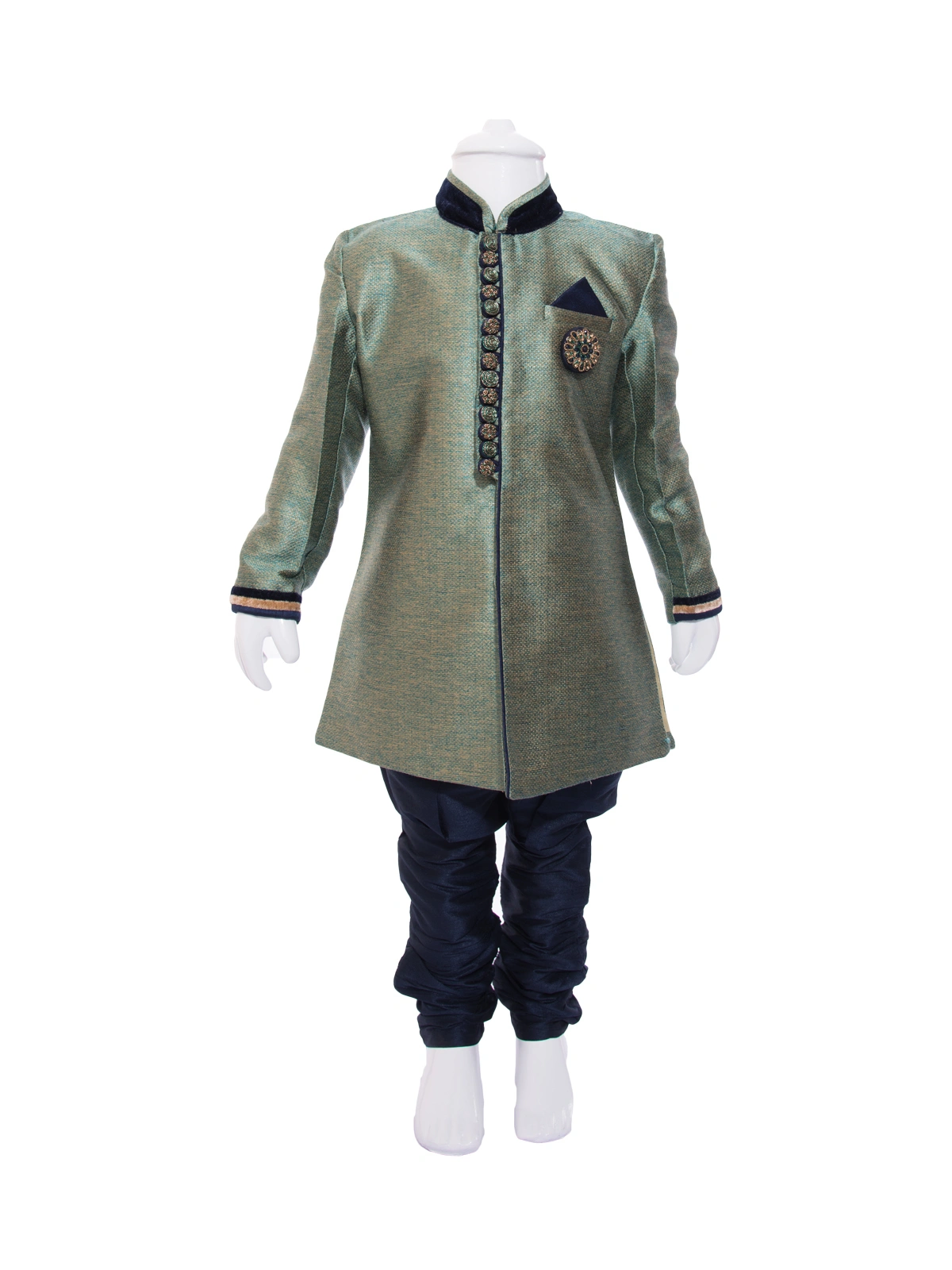 ETHNI KS NEU - RON  Kurta and Pyjama Set: Green and Navy Blue-3741Green1