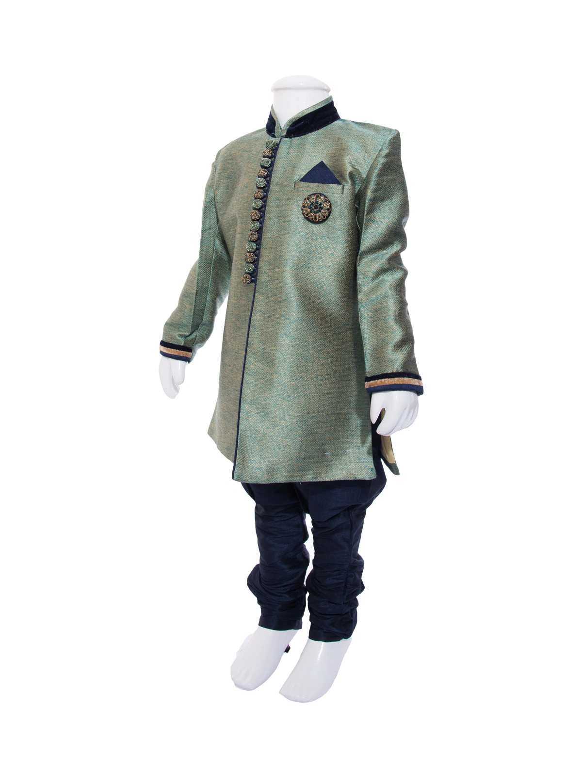 ETHNI KS NEU - RON  Kurta and Pyjama Set: Green and Navy Blue-2-Green-2