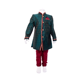 ETHNI KS NEU - RON Indo Western Kurta with Pyjama Set: Green and Maroon