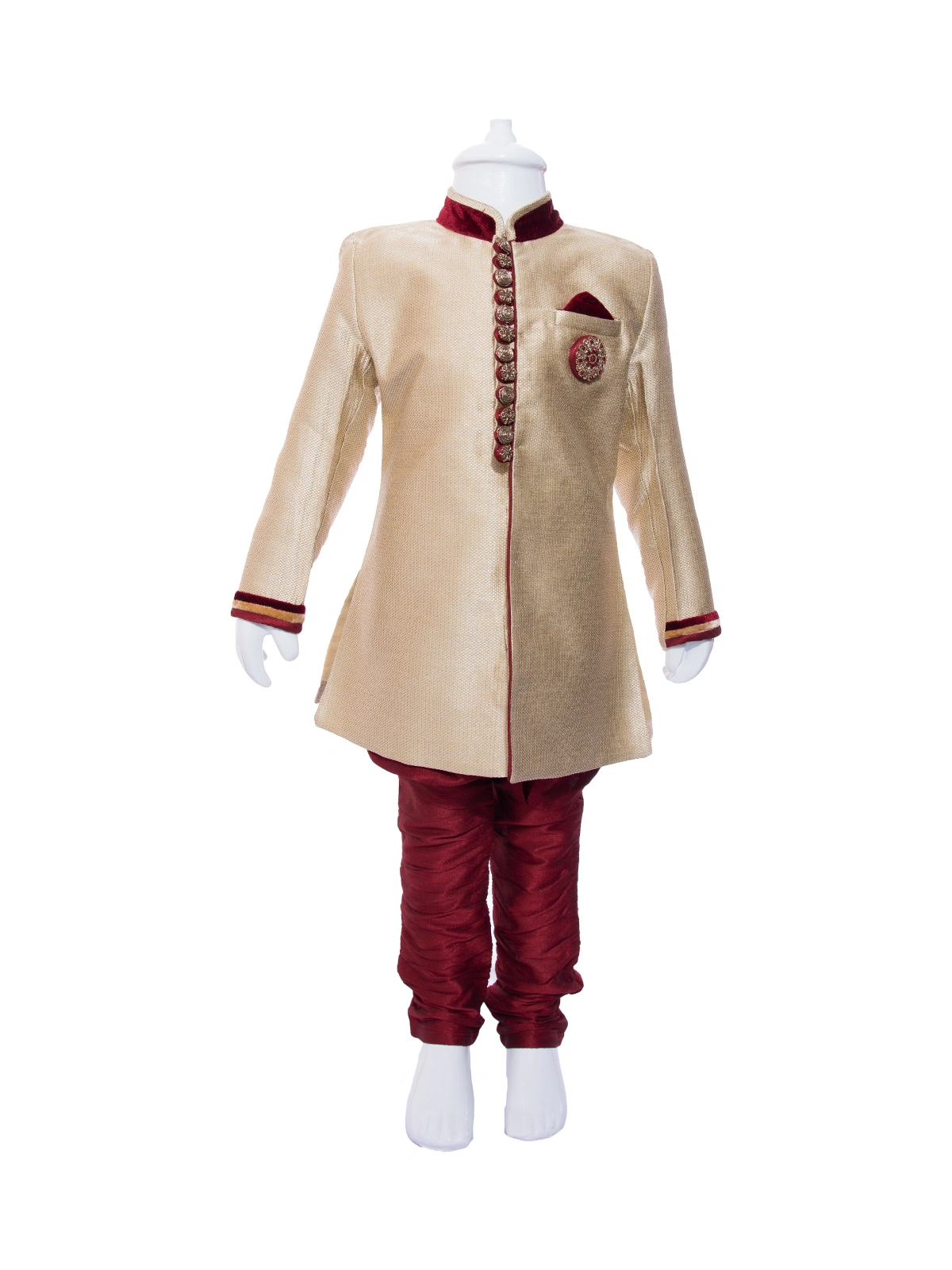 ETHNI KS NEU - RON  Sherwani With Pyjama Set - Gold and Maroon-37411FAWN