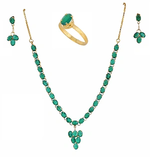 Vinayak Solitaire 18k Gold Plated Necklace Set (Real Green Onyx)