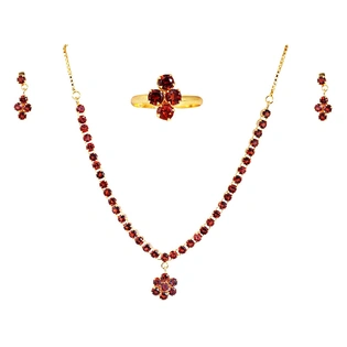 Vinayak Solitaire 18k Gold Plated Necklace Set (Real Garnet)