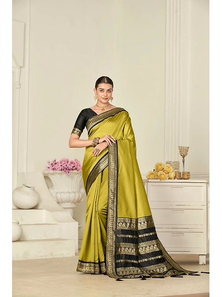 South Indian Silk Saree in Methi Yellow for Weddings | Golden Spice Elegance | Designer Black Blouse Stitching | TOP PICK