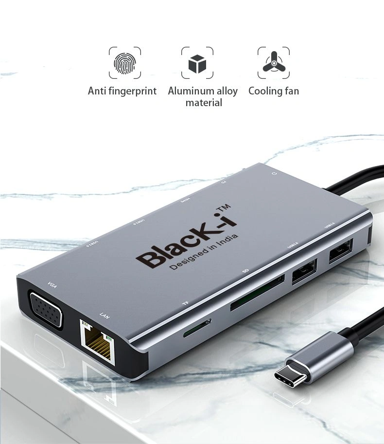 Black-i TYPE-C 10 In 1 Hub with HDMI / VGA / Gigabit Lan (Rj45) / Card reader / USB 2.0 / USB 3.0 /Audio and PD BI-TC1001-4