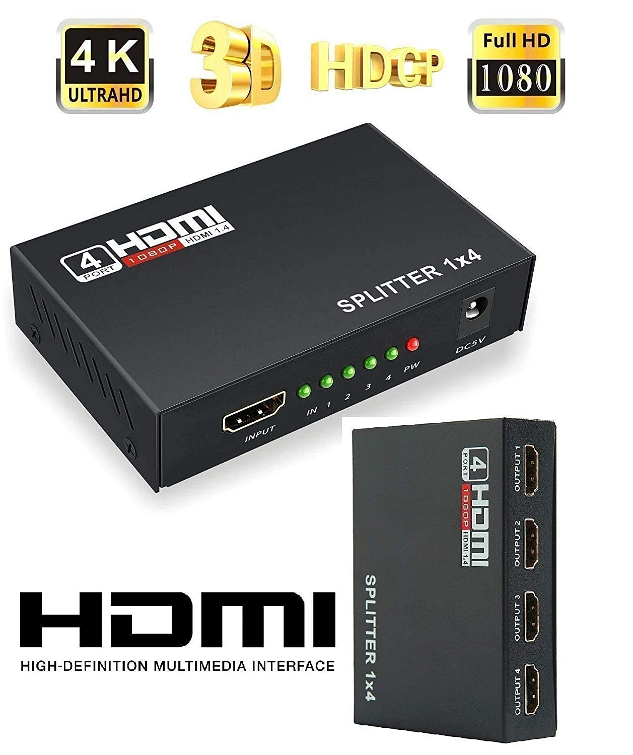 CABLELINK HDMI 1x4 Splitter, 4 Way HDMI Powered Splitter 4 Port HDMI Audio and Video Splitter 1080P 3D Support HD Hub Smart Splitter Box - One Input to Four Output.-4