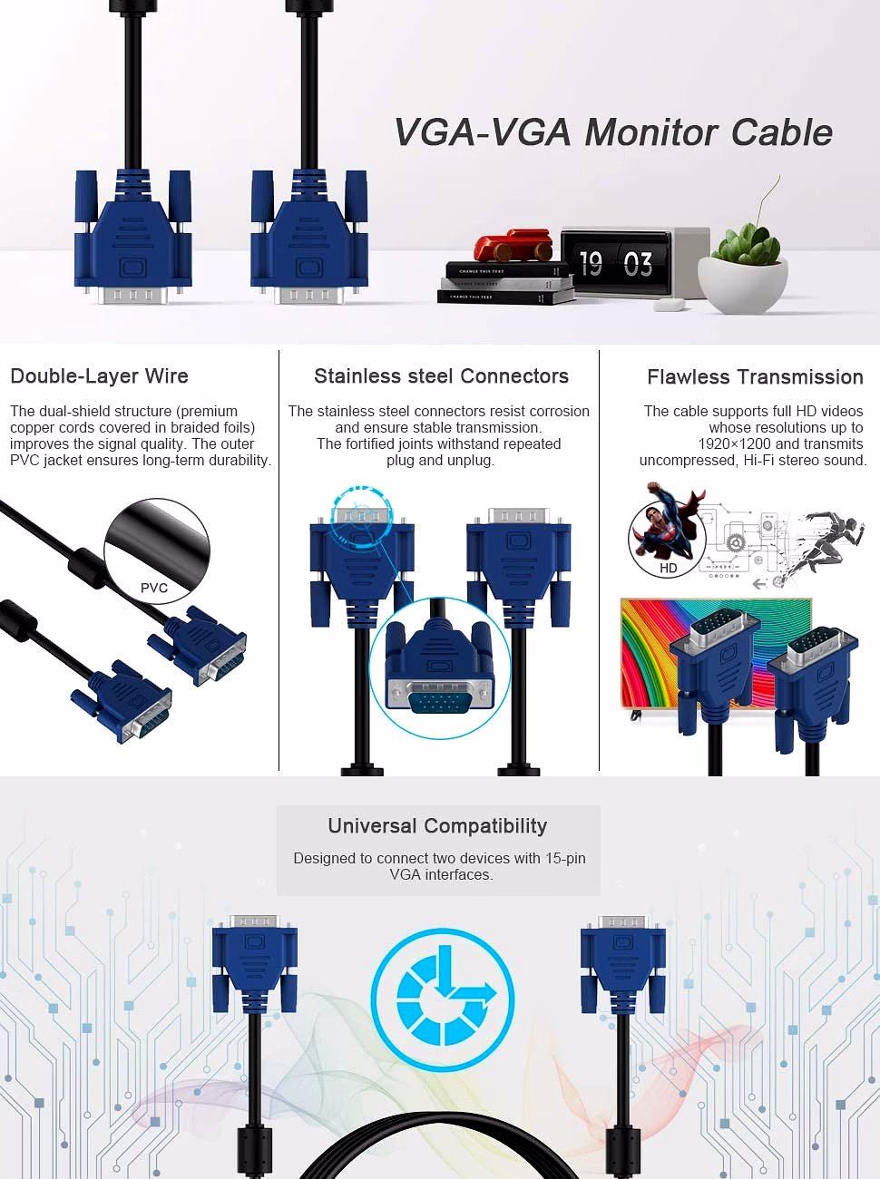 VGA Cable Support PC/Monitor/LCD/LED/Projector/CCTV SAMSUNG TFT image 4