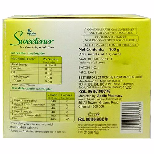 Apollo Pharmacy Sweetener - Sachets, 100 pcs Plastic Box, 100 pcs image 1