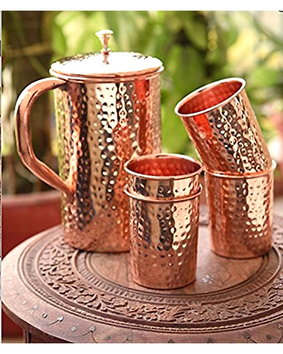 Pure Copper Beautiful Hammered 1.5 liter Jug and 4 copper glass set-S1