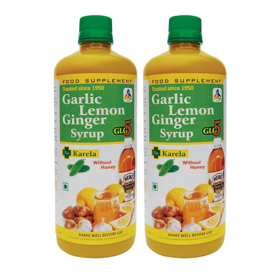 SKSB GLG5 Plus Karela (Bitter Gourd) Garlic lemon Ginger Apple Cider Vinegar Karela Turmeric Herbal Health Drink / Syrup for Diabetes - WITHOUT HONEY - 525 ml  (Pack Of 2)-PAC-115-525-02