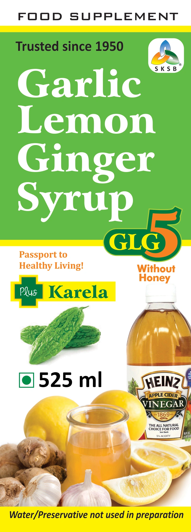 SKSB GLG5 Plus Karela (Bitter Gourd) Garlic lemon Ginger Apple Cider Vinegar Karela Turmeric Herbal Health Drink / Syrup for Diabetes - WITHOUT HONEY - 525 ml  (Pack Of 2)-2-1