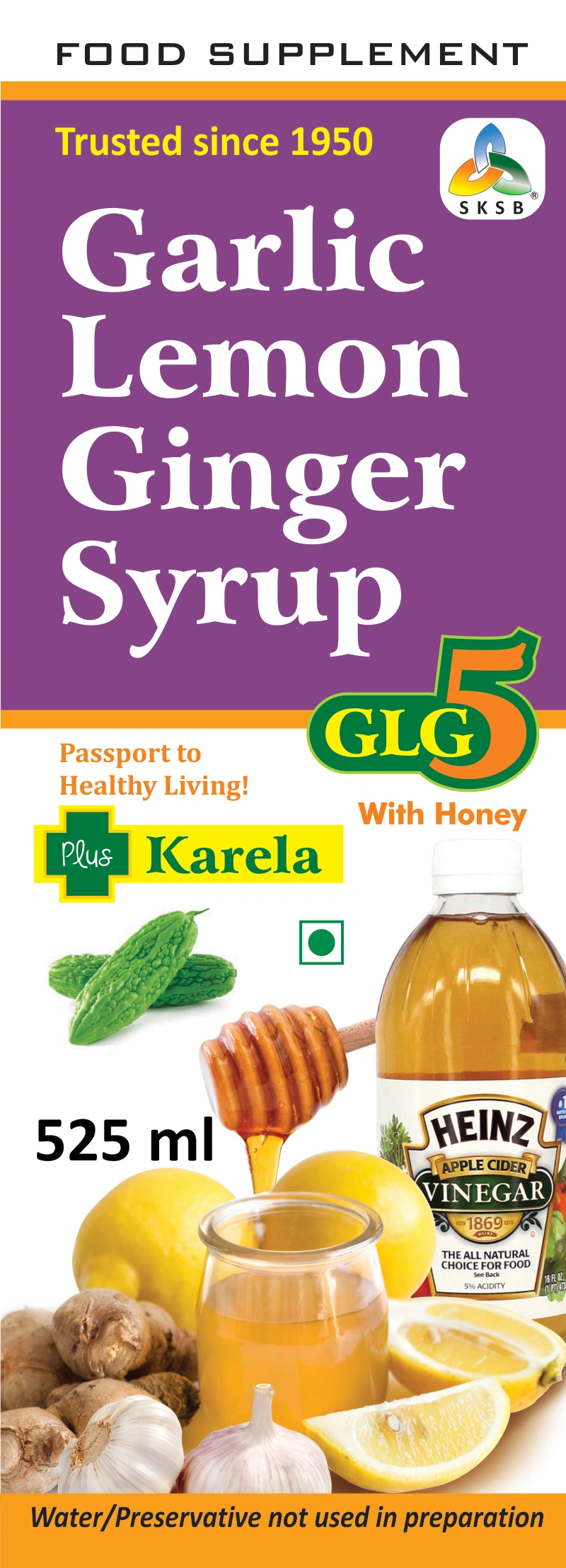 SKSB GLG5 Plus Karela (Bitter Gourd) Garlic lemon Ginger Apple Cider Vinegar Karela Turmeric Honey Herbal Health Drink / Syrup for Diabetes - 525 ml (Pack Of 1)-1