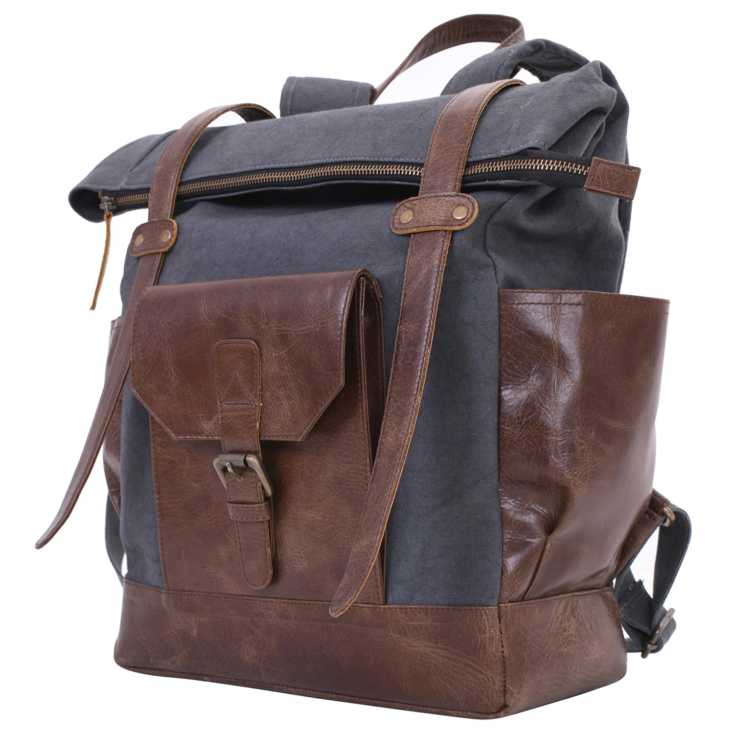 Desert Town Unisex Genuine Leather  &amp; Canvas 29 Ltr. Brown &amp; Blue Traveling Backpack 17X20&quot;-(BP119)-BP119-17X20