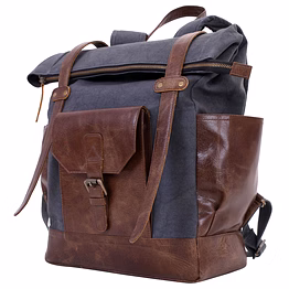 desert town unisex genuine leather & canvas 29 ltr. brown & blue traveling backpack 17x20"-(bp119)