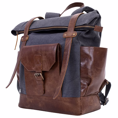 desert town unisex genuine leather & canvas 29 ltr. brown & blue traveling backpack 17x20"-(bp119)