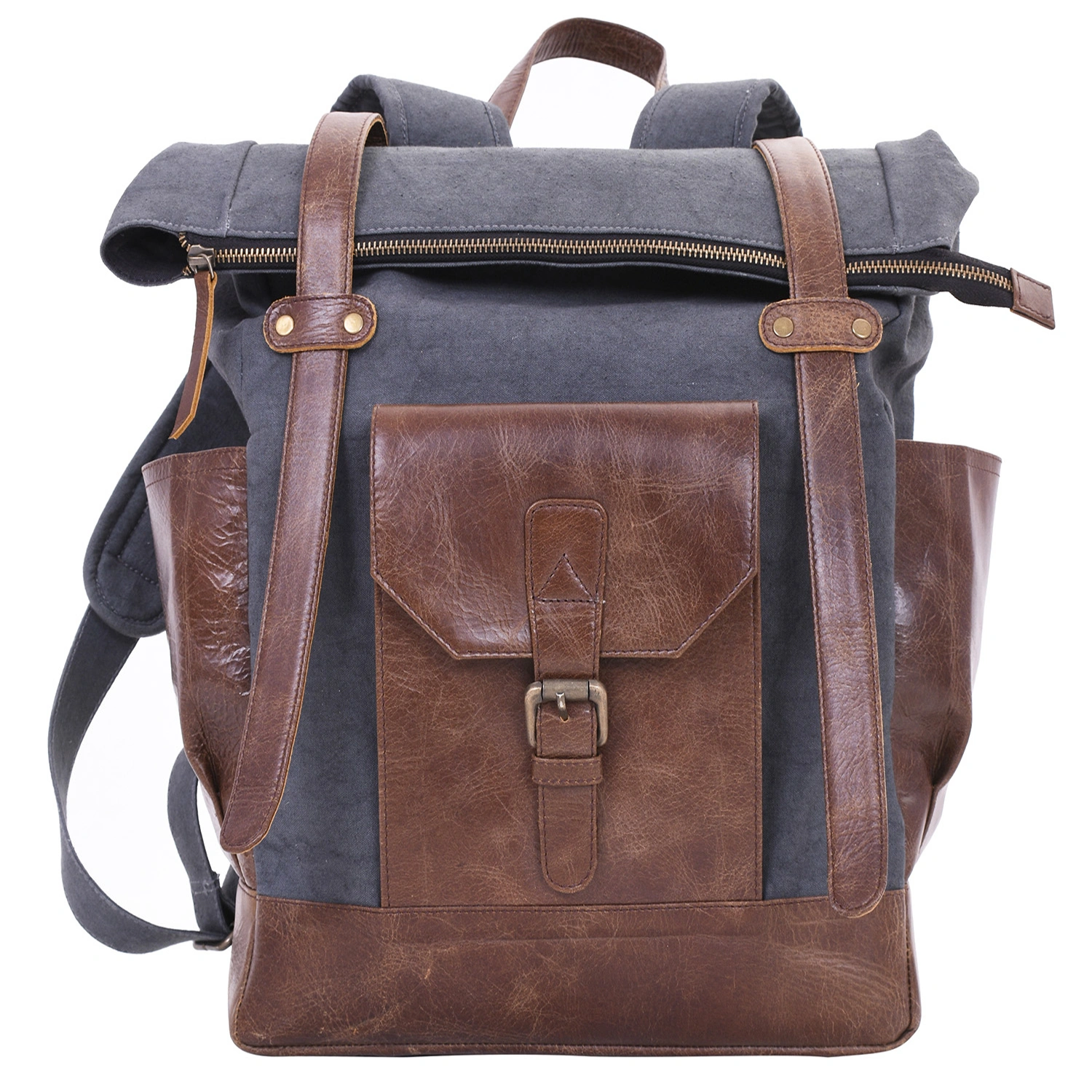 Desert Town Unisex Genuine Leather  &amp; Canvas 29 Ltr. Brown &amp; Blue Traveling Backpack 17X20&quot;-(BP119)-1