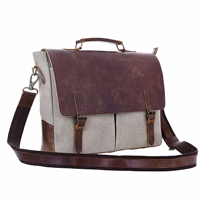 desert town unisex crazy horse leather & canvas 10 ltr. brown laptop messenger bag 16x12"-(mess108)