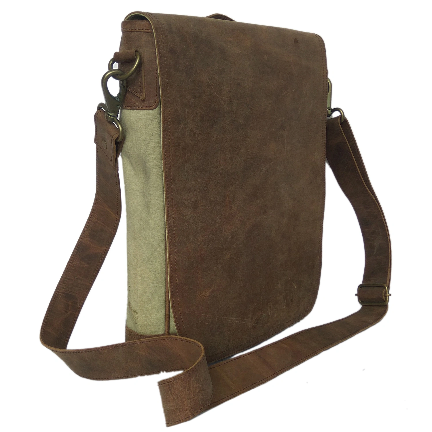 Desert Town Unisex Crazy Horse Leather &amp; Canvas 6 Ltr. Brown Laptop Messenger Bag 12X14&quot;-(MESS113)-MESS113-12X14