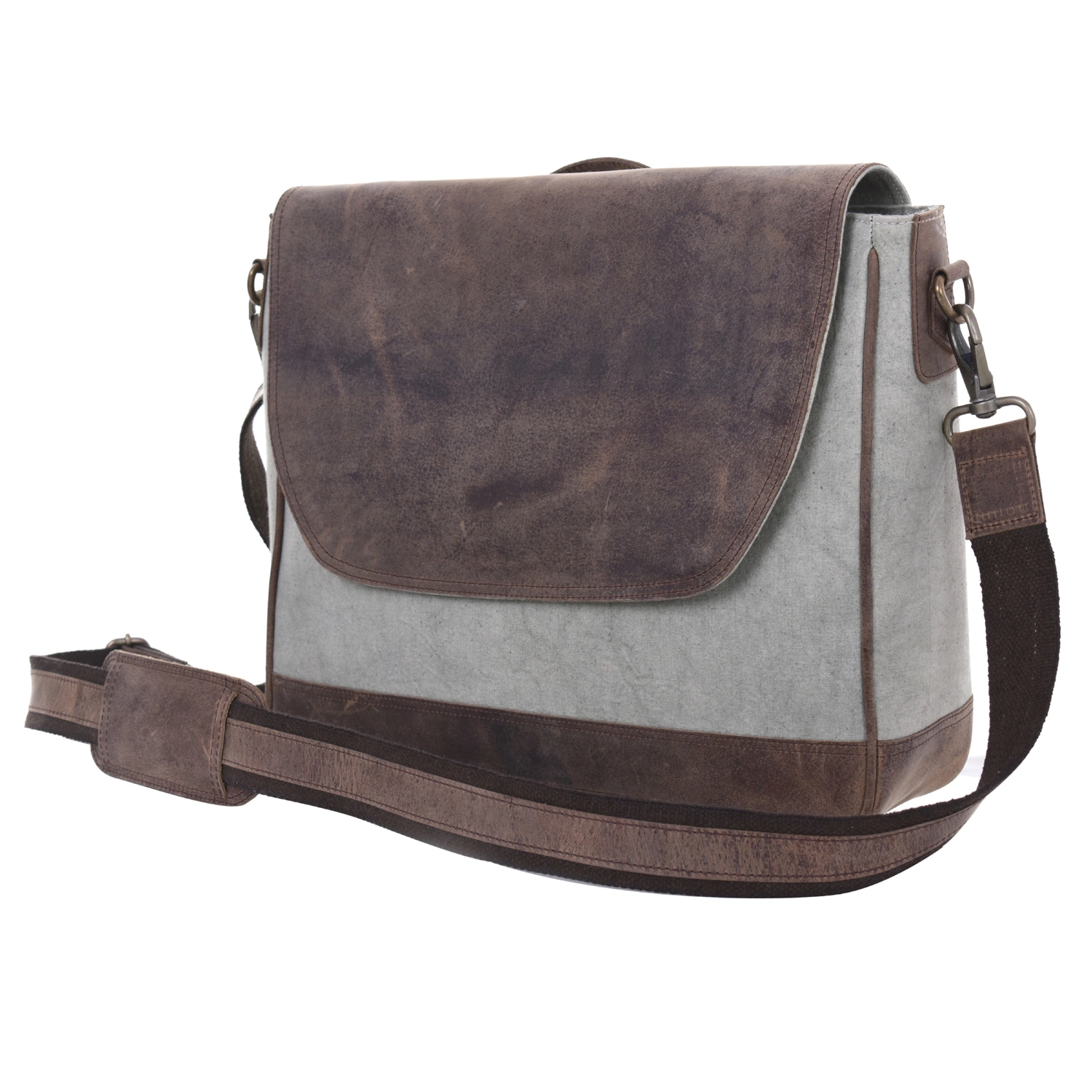 Desert Town Unisex Crazy Horse Leather &amp; Canvas 9 Ltr. Vintage Brown Laptop Messenger Bag 15X12&quot;-(ME-MESS126-15X12