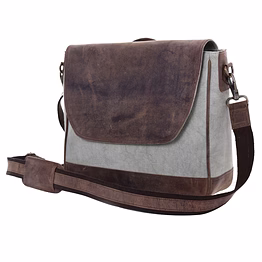desert town unisex crazy horse leather & canvas 9 ltr. vintage brown laptop messenger bag 15x12"-(me