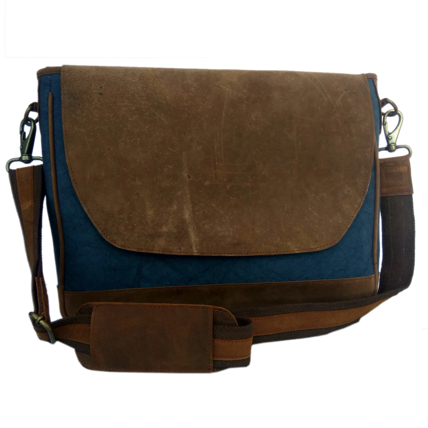 Desert Town Unisex Crazy Horse Leather &amp; Canvas 9 Ltr. Blue &amp; Brown Laptop Messenger Bag 15X12&quot;-(MES-MESS127-15X12