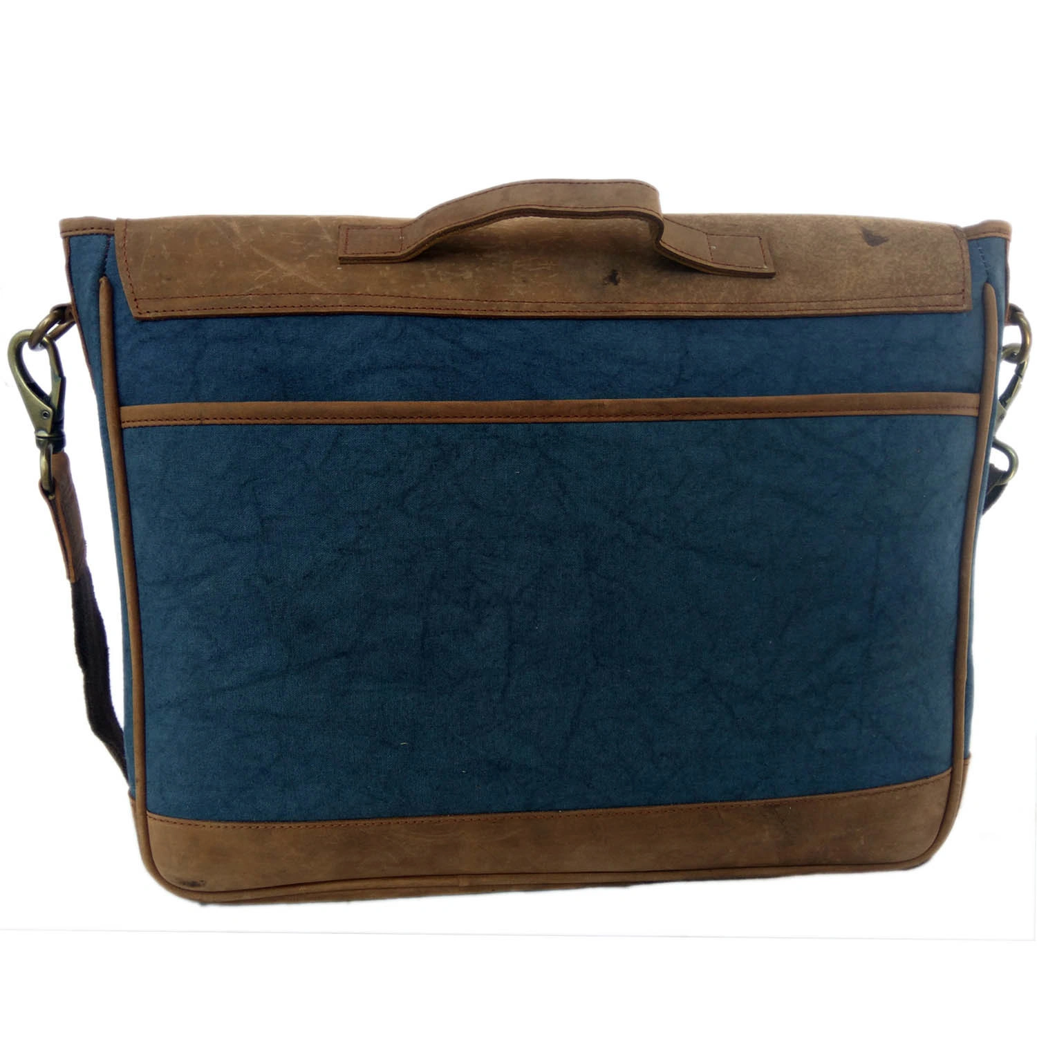 Desert Town Unisex Crazy Horse Leather &amp; Canvas 9 Ltr. Blue &amp; Brown Laptop Messenger Bag 15X12&quot;-(MES-1