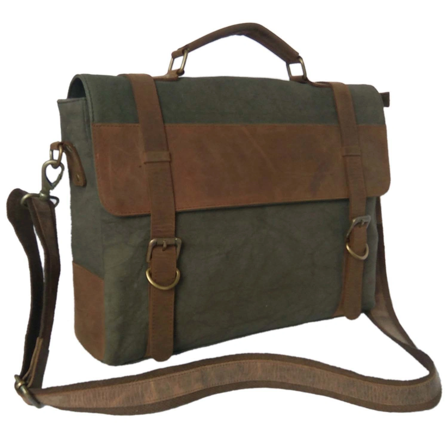 Desert Town Unisex Crazy Horse Leather &amp; Canvas 11 Ltr. Green &amp; Brown Laptop Messenger Bag 15X13&quot;-(M-MESS132-15X13