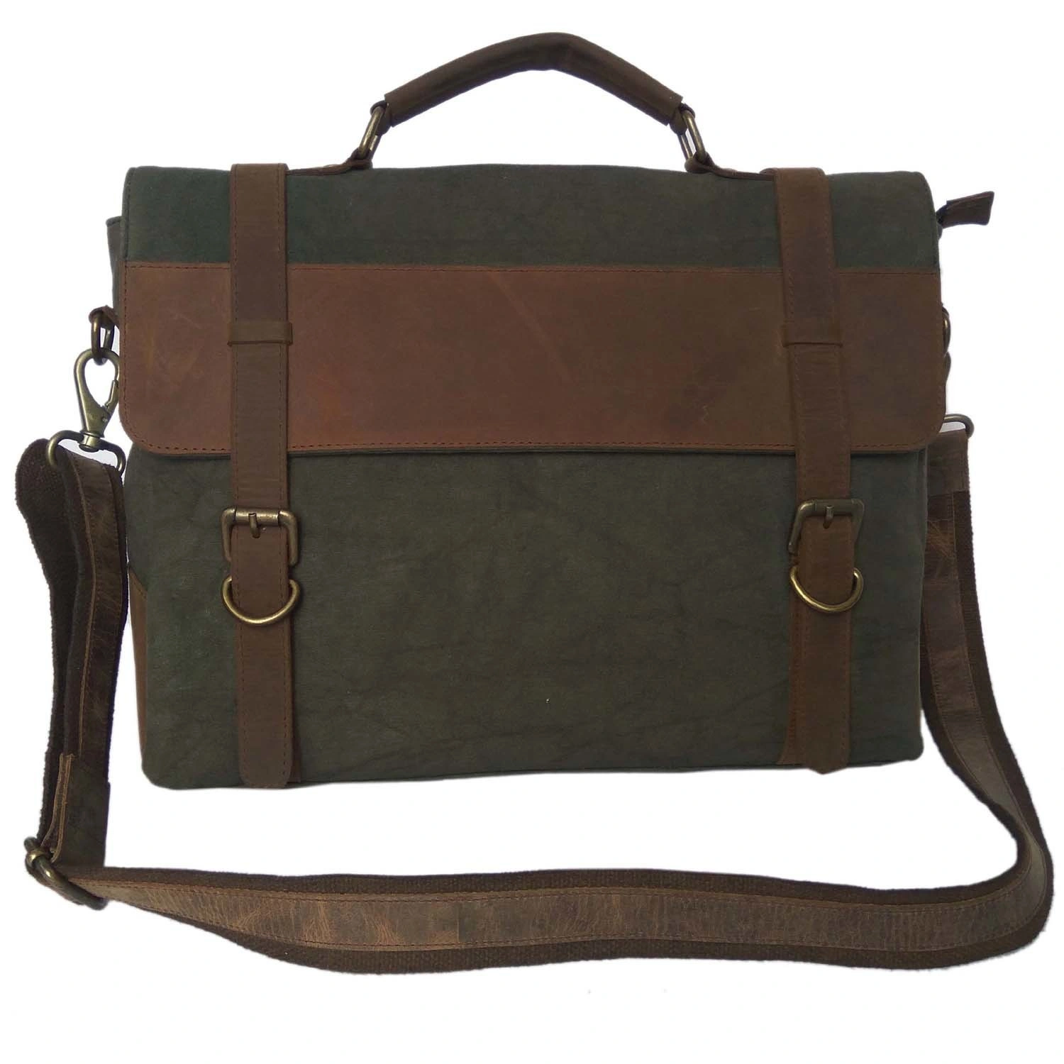 Desert Town Unisex Crazy Horse Leather &amp; Canvas 11 Ltr. Green &amp; Brown Laptop Messenger Bag 15X13&quot;-(M-1