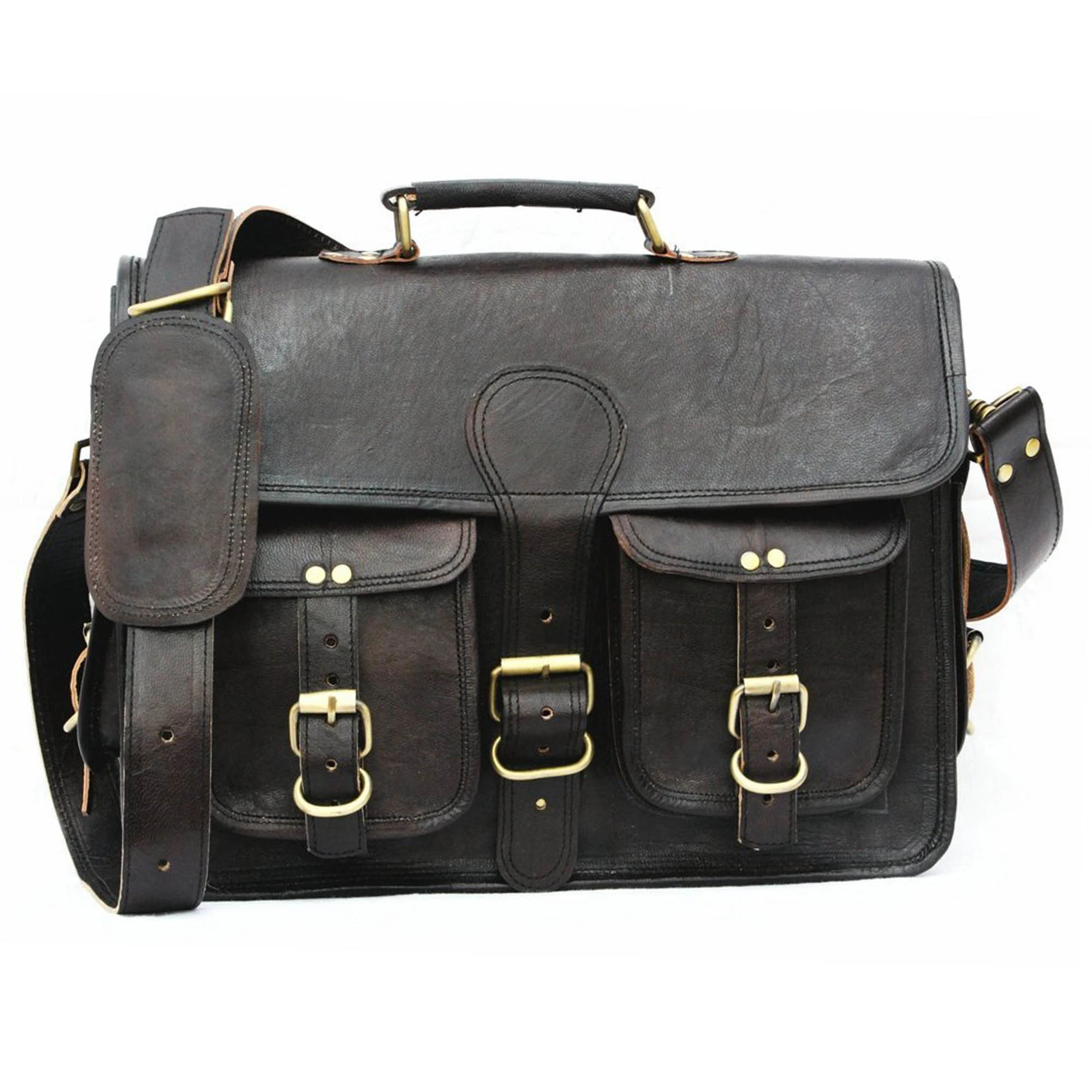 Desert Town Unisex Leather 11 Ltr. Black Laptop Messenger Bag 15X11&quot;-(MESS152)-MESS152-15X11