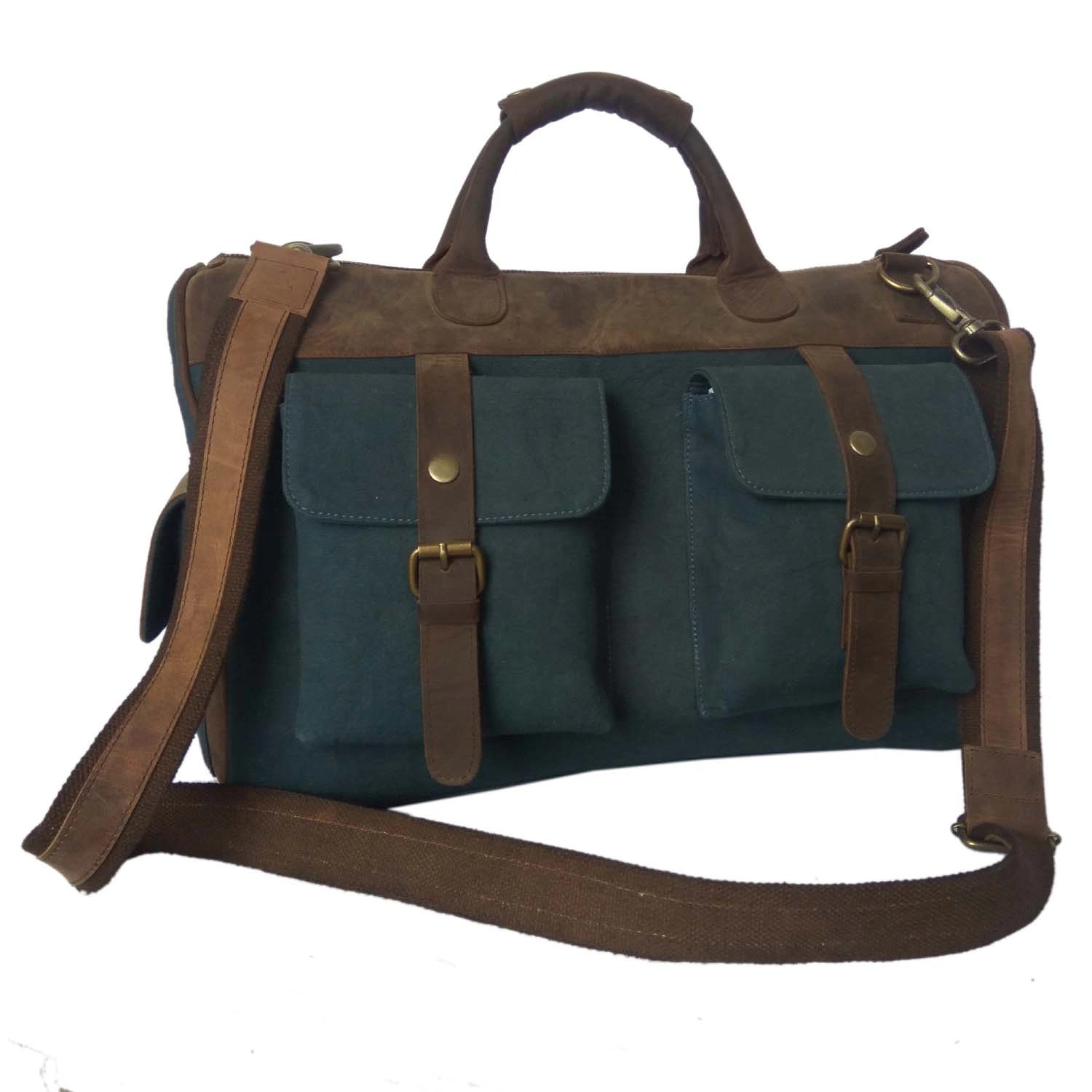 Desert Town Unisex Crazy Horse Leather &amp; Canvas 30 Ltr. Blue &amp; Brown Laptop Messenger Bag 18X11&quot;-(ME-MESS158-18X11