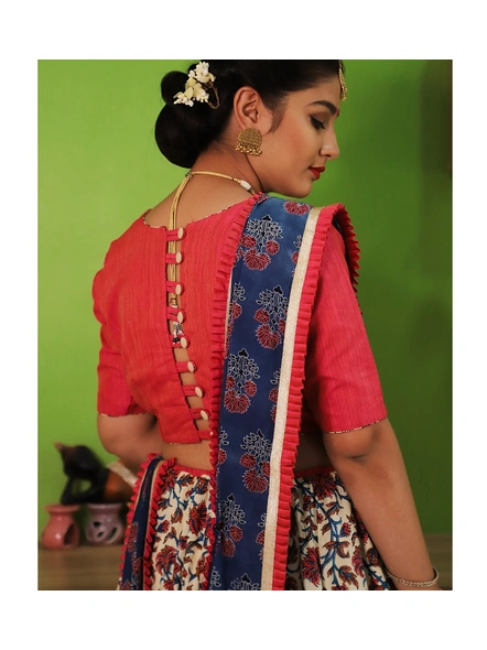 Off white Kalamkaari Chaniya with Pink Khadi Silk Choli &amp; Blue Block Dabu Print Dupatta.-2
