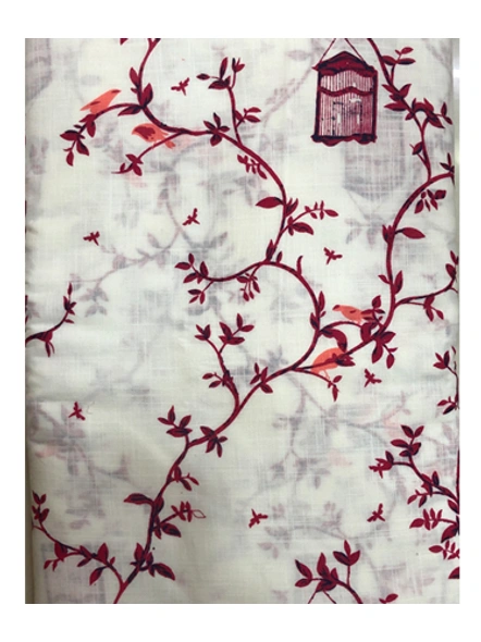 White &amp; Red Floral Pattern Slub Cotton Print-3