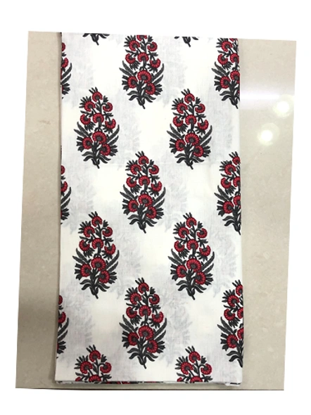White &amp; Red Floral Motifs Pattern Slub Cotton Print-Fab-32