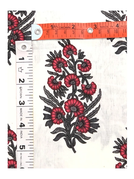 White &amp; Red Floral Motifs Pattern Slub Cotton Print-2