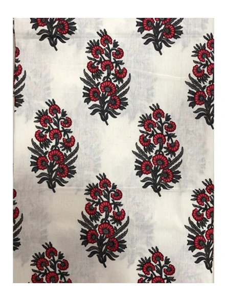 White &amp; Red Floral Motifs Pattern Slub Cotton Print-3