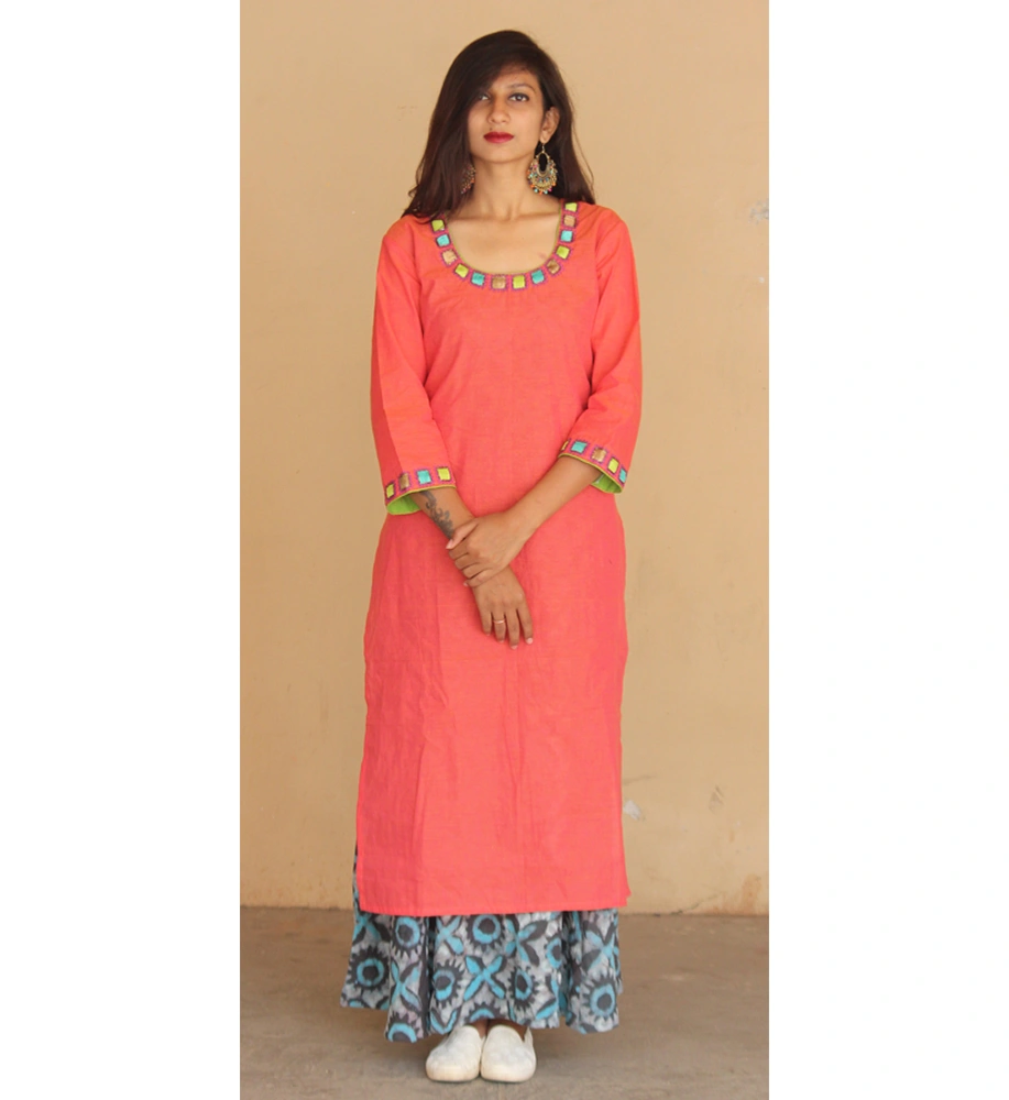 Peach South Cotton Kurta with Gorgeous Hand Embroidery and Batik Printed Palazzo-K-1