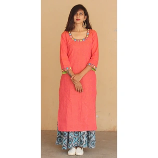 Peach South Cotton Kurta with Gorgeous Hand Embroidery and Batik Printed Palazzo