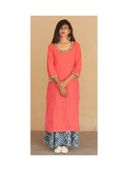 Peach South Cotton Kurta with Gorgeous Hand Embroidery and Batik Printed Palazzo-K-1