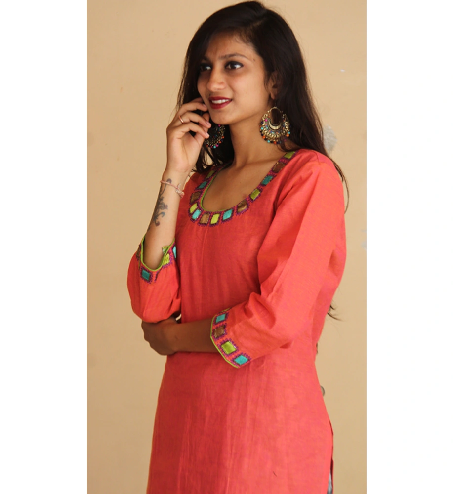 Peach South Cotton Kurta with Gorgeous Hand Embroidery and Batik Printed Palazzo-1