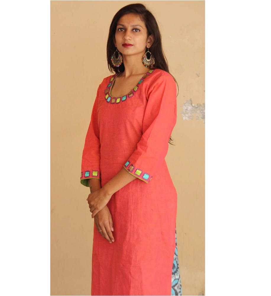 Peach South Cotton Kurta with Gorgeous Hand Embroidery and Batik Printed Palazzo-2