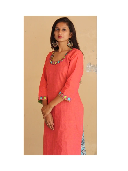 Peach South Cotton Kurta with Gorgeous Hand Embroidery and Batik Printed Palazzo-2