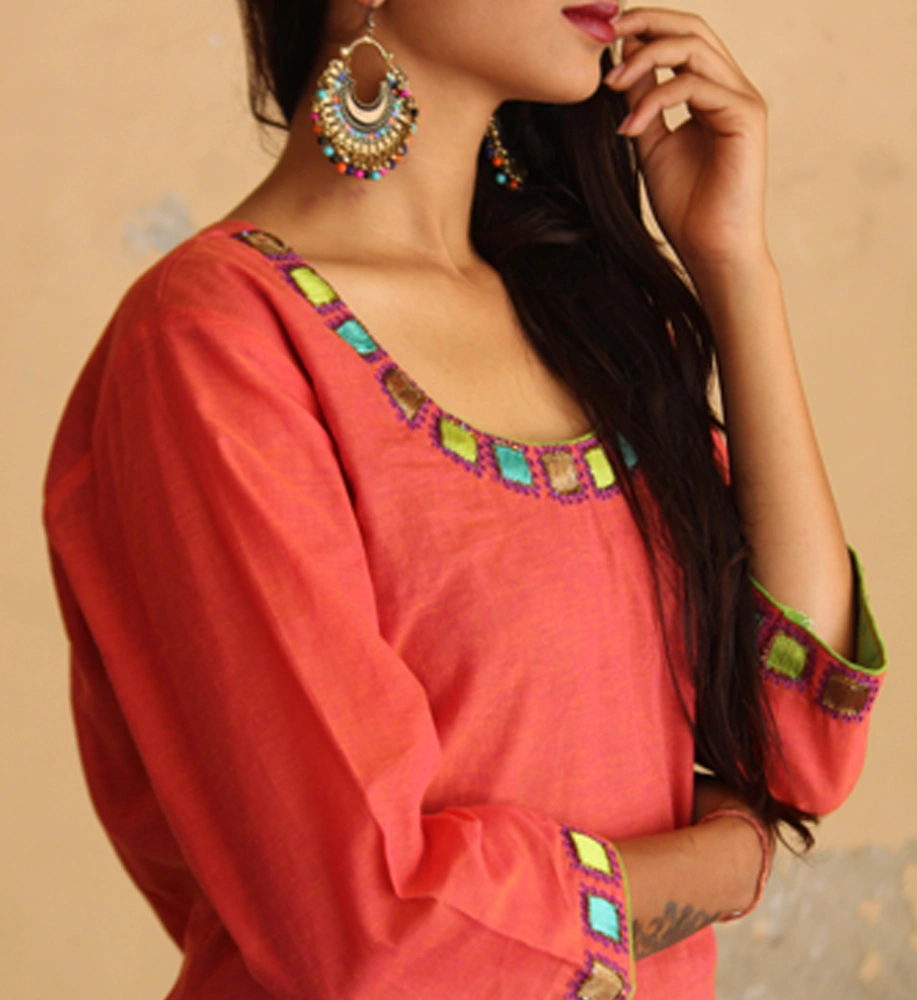 Peach South Cotton Kurta with Gorgeous Hand Embroidery and Batik Printed Palazzo-3