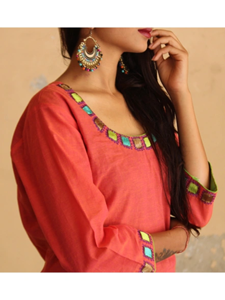 Peach South Cotton Kurta with Gorgeous Hand Embroidery and Batik Printed Palazzo-3