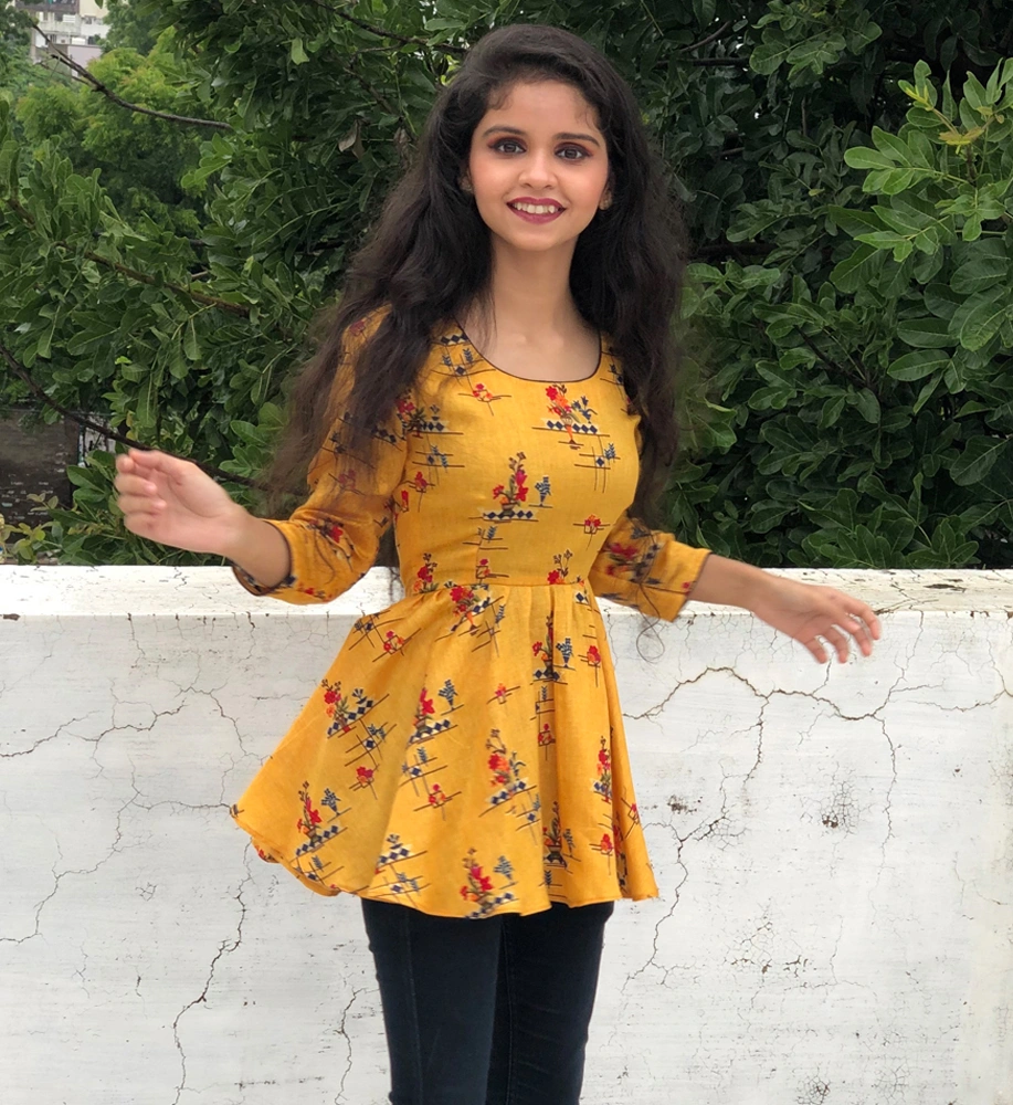 Mustard Yellow Glaze Cotton Print Short Top-2