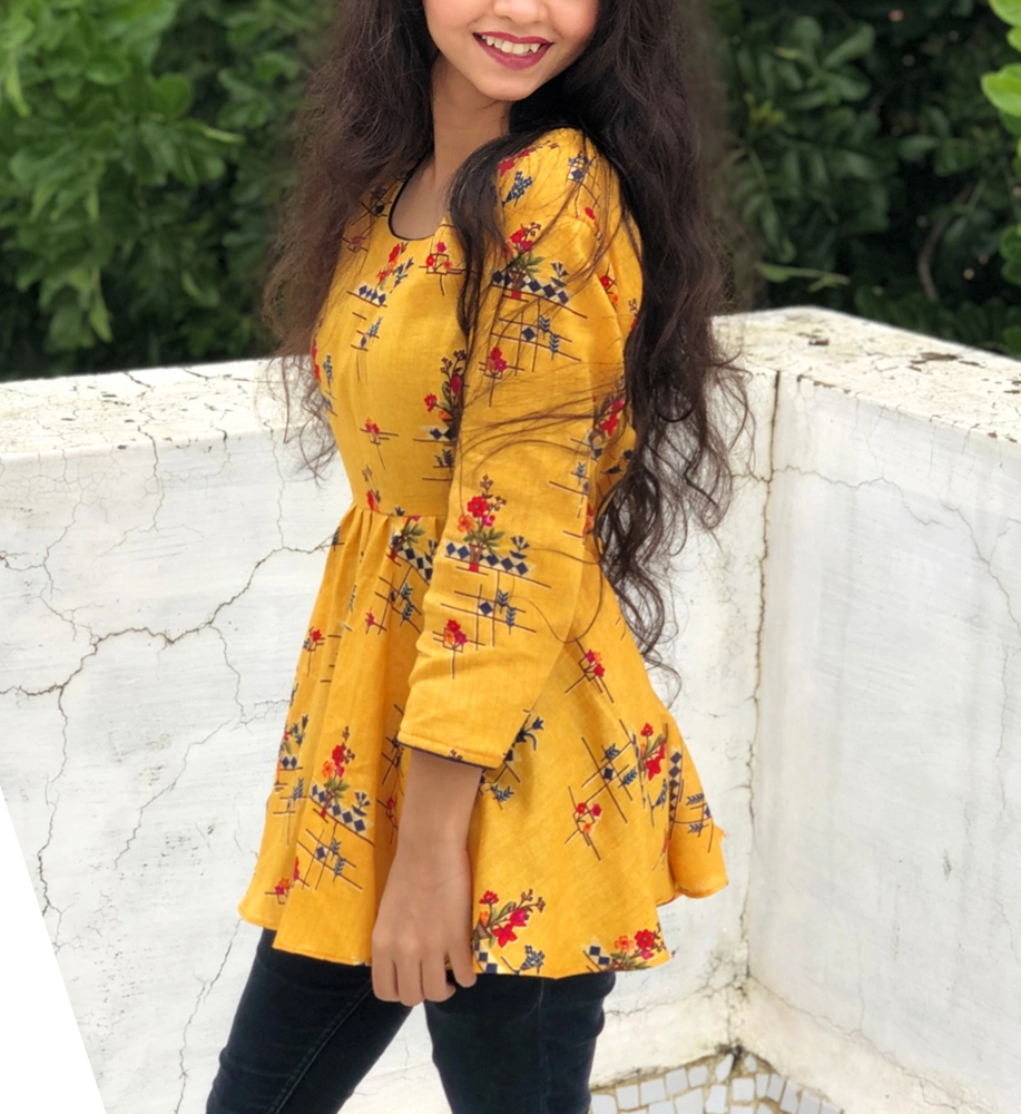 Mustard Yellow Glaze Cotton Print Short Top-3