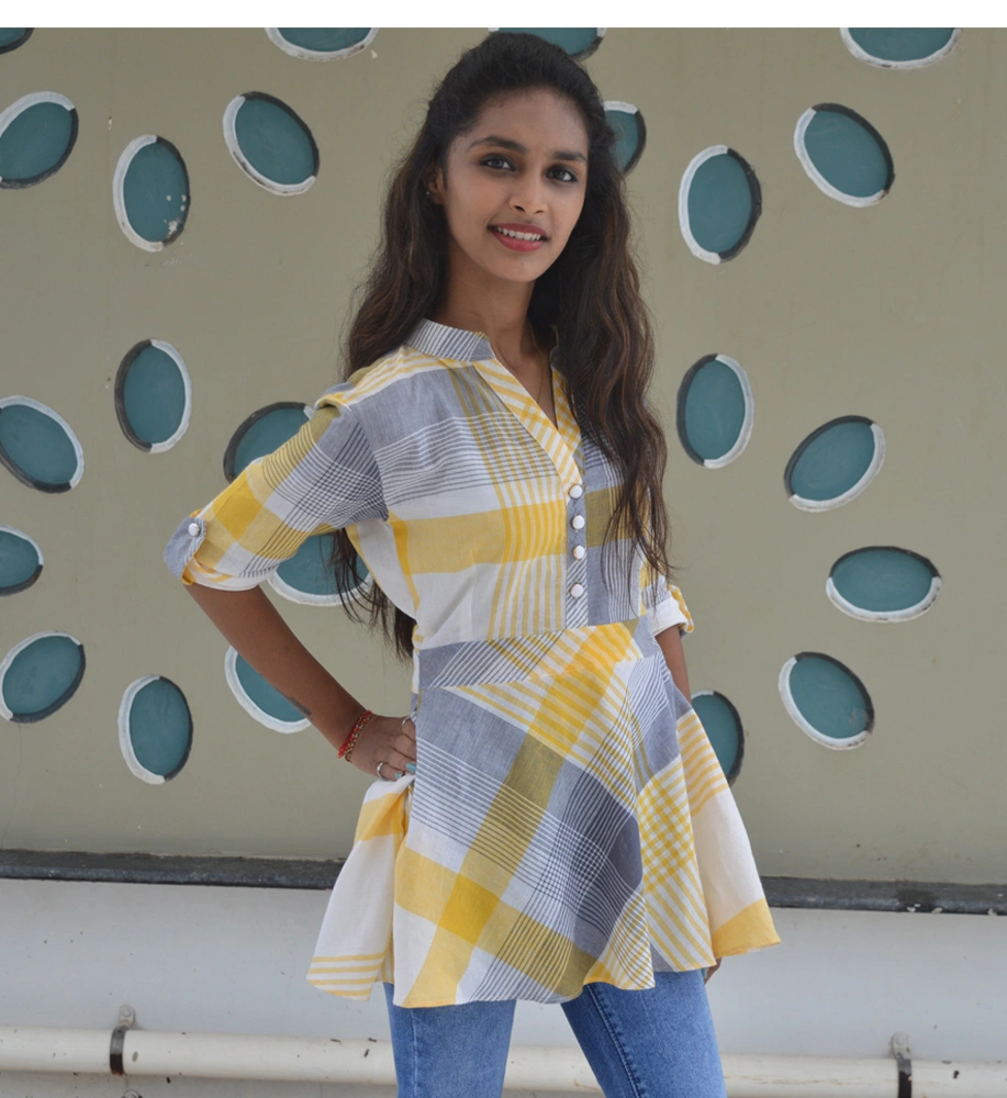 Yellow &amp; Grey Chequered South Cotton Short Top-K-11