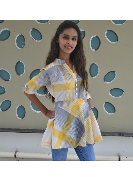 Yellow &amp; Grey Chequered South Cotton Short Top-K-11